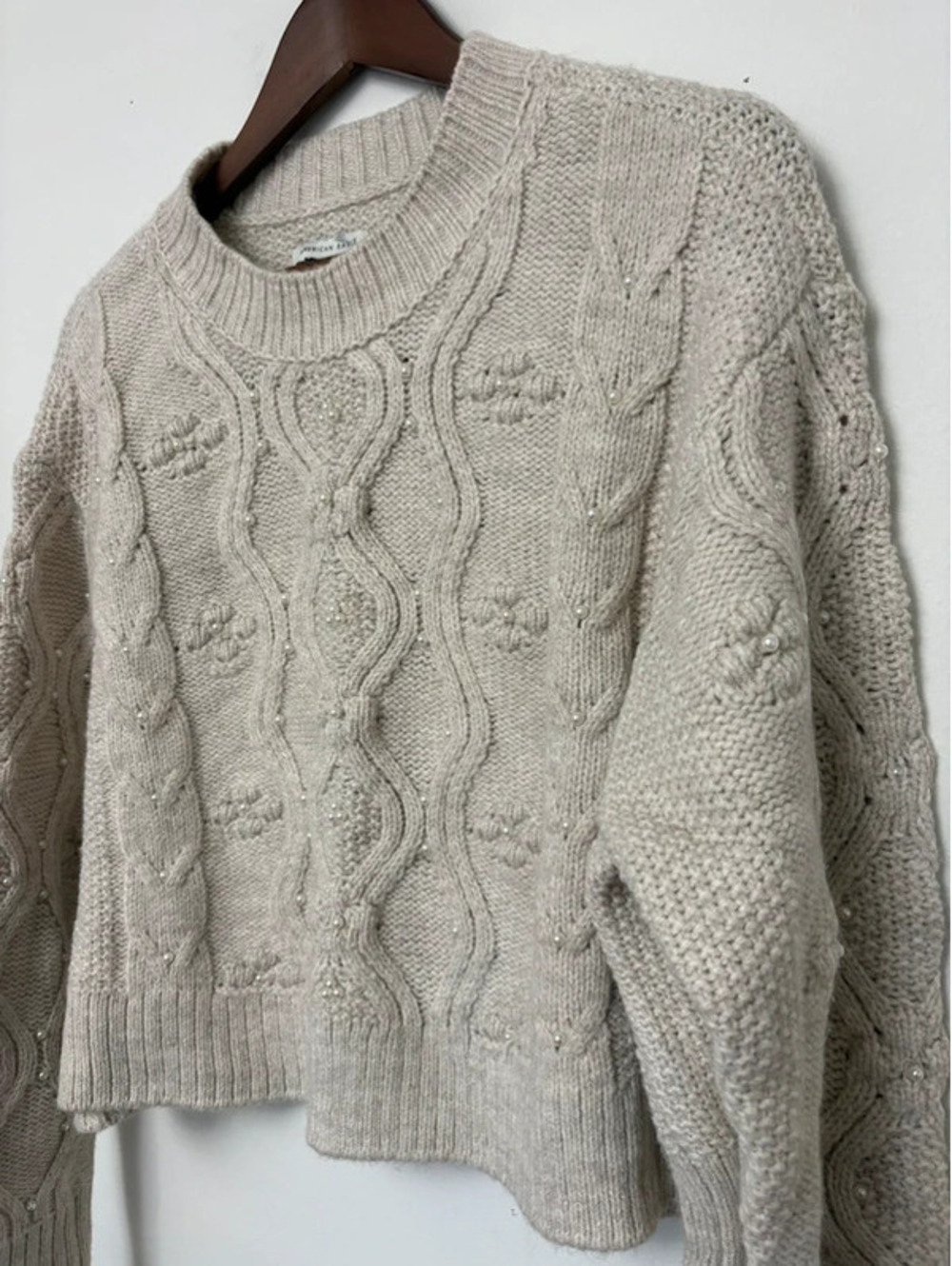 American Eagle Pearl Embellished Cable Knit Sweater Women’s M Cream Cropped